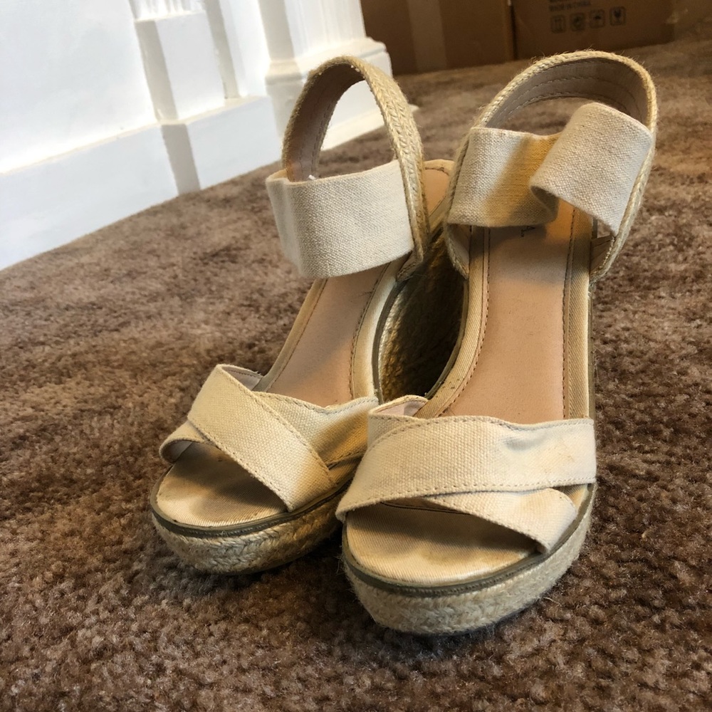 Cream Cloth Wedge Espadrille Sandals